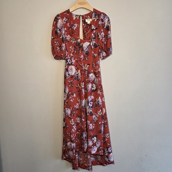 Maeve by Anthropologie Red Floral Puff Sleeve High Low Midi Dress Sz 00 - Picture 1 of 10